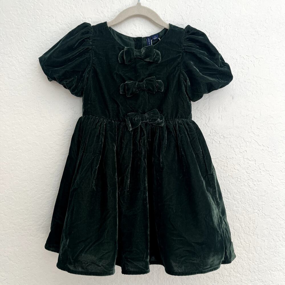 Janie and Jack Emerald Green Velvet Puff Sleeve Triple Bow Dress Size 4T NWT